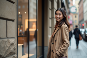 Jeune femme élégante en trench beige devant boutique de beauté