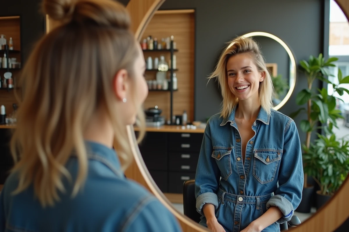 Jeune femme avec coupe mullet dans un salon de coiffure