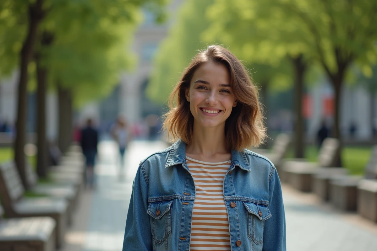 Jeune femme souriante dans un parc urbain en &eacute;t&eacute;