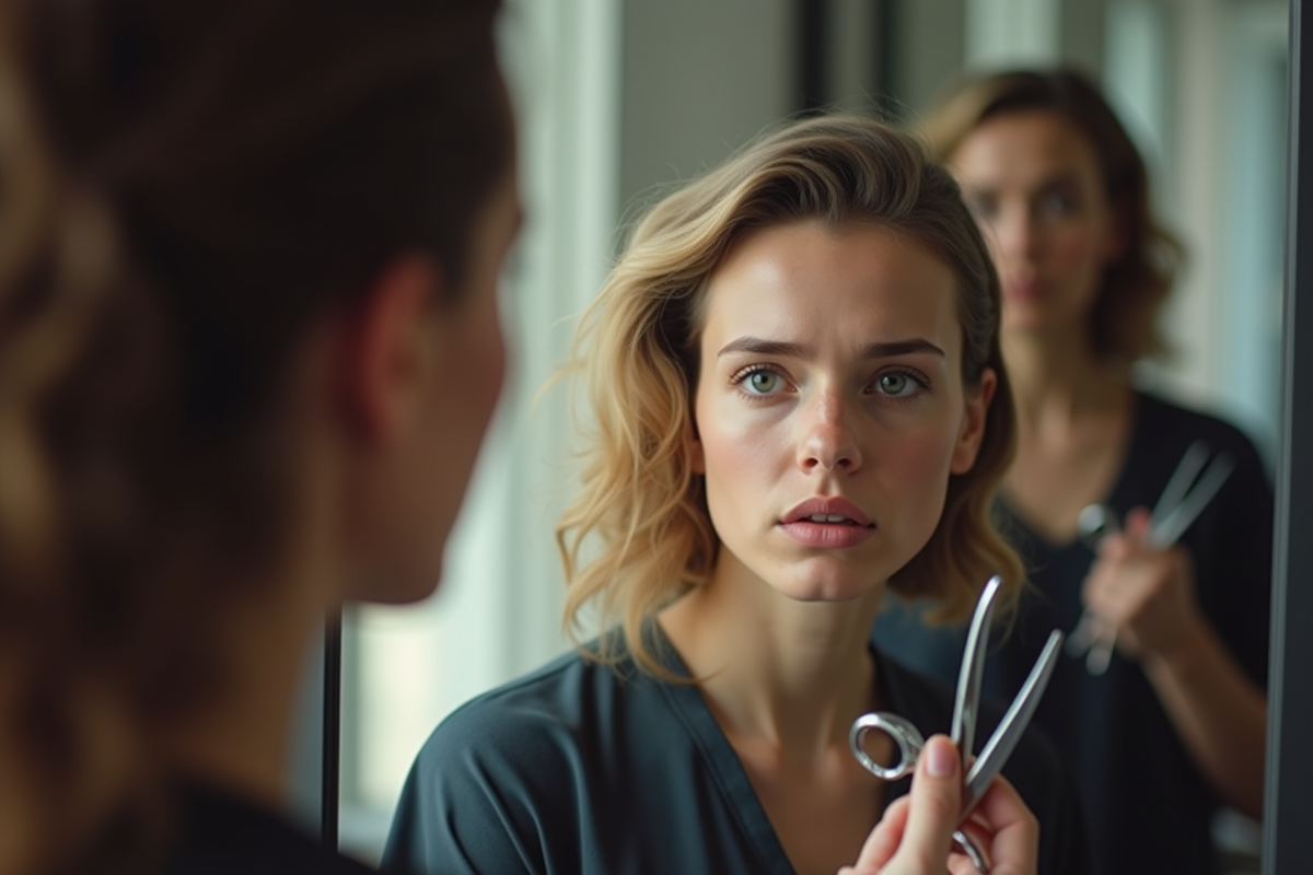 Jeune femme inquiète regardant son reflet en salon de coiffure