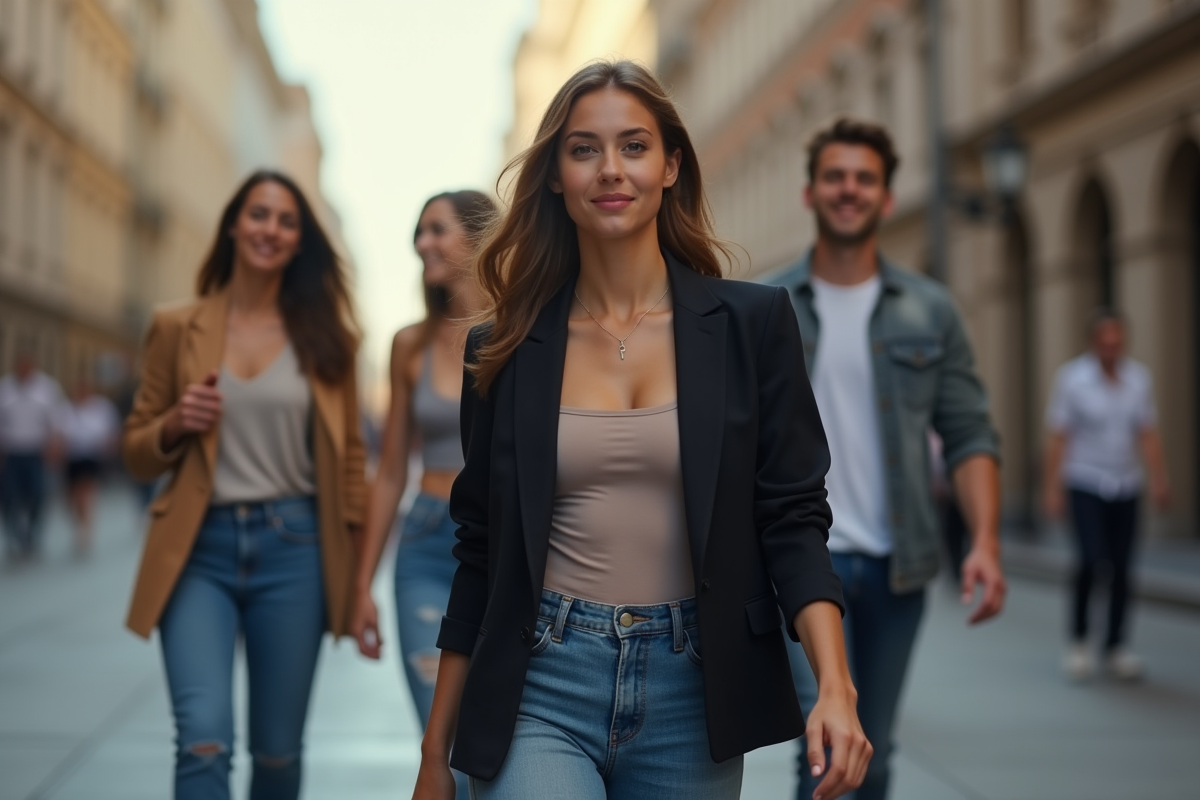 Jeune femme en street style avec blazer et jeans