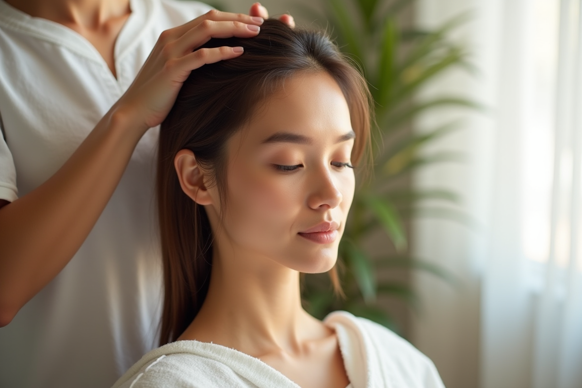 Jeune femme recevant un massage du cuir chevelu naturel