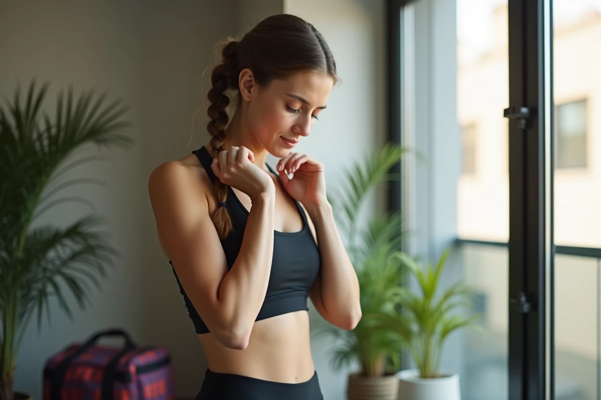 Jeune femme sportive coiffant une tresse latérale près d'une fenêtre