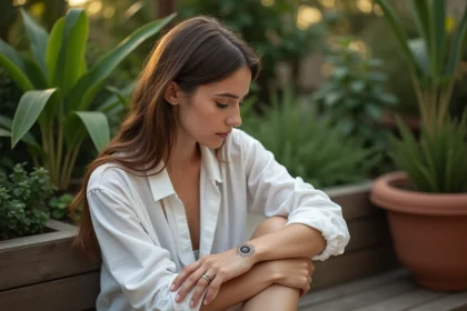 Jeune femme avec tatouage solaire dans un jardin paisible