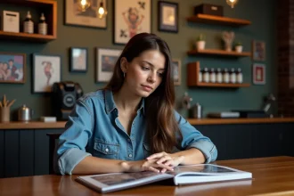 Jeune femme en denim dans un studio de tatouage chaleureux