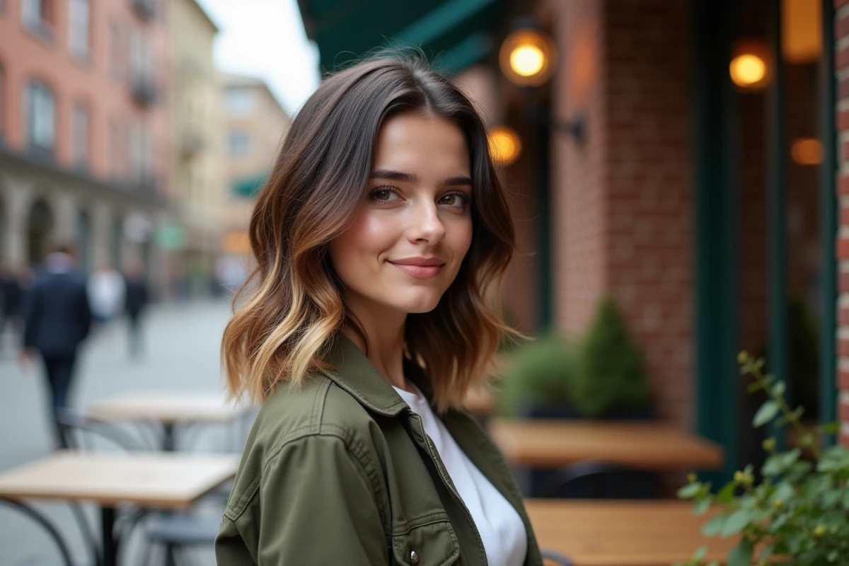 Jeune femme aux cheveux ondulés dans un café urbain