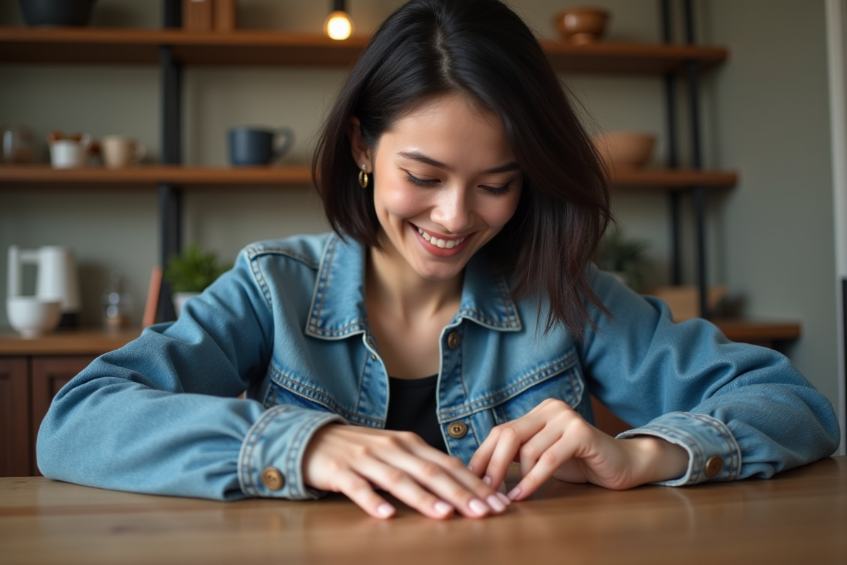 Jeune femme vérifiant ses ongles gel à la maison