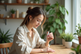 Jeune femme appliquant vernis naturel sur ses ongles