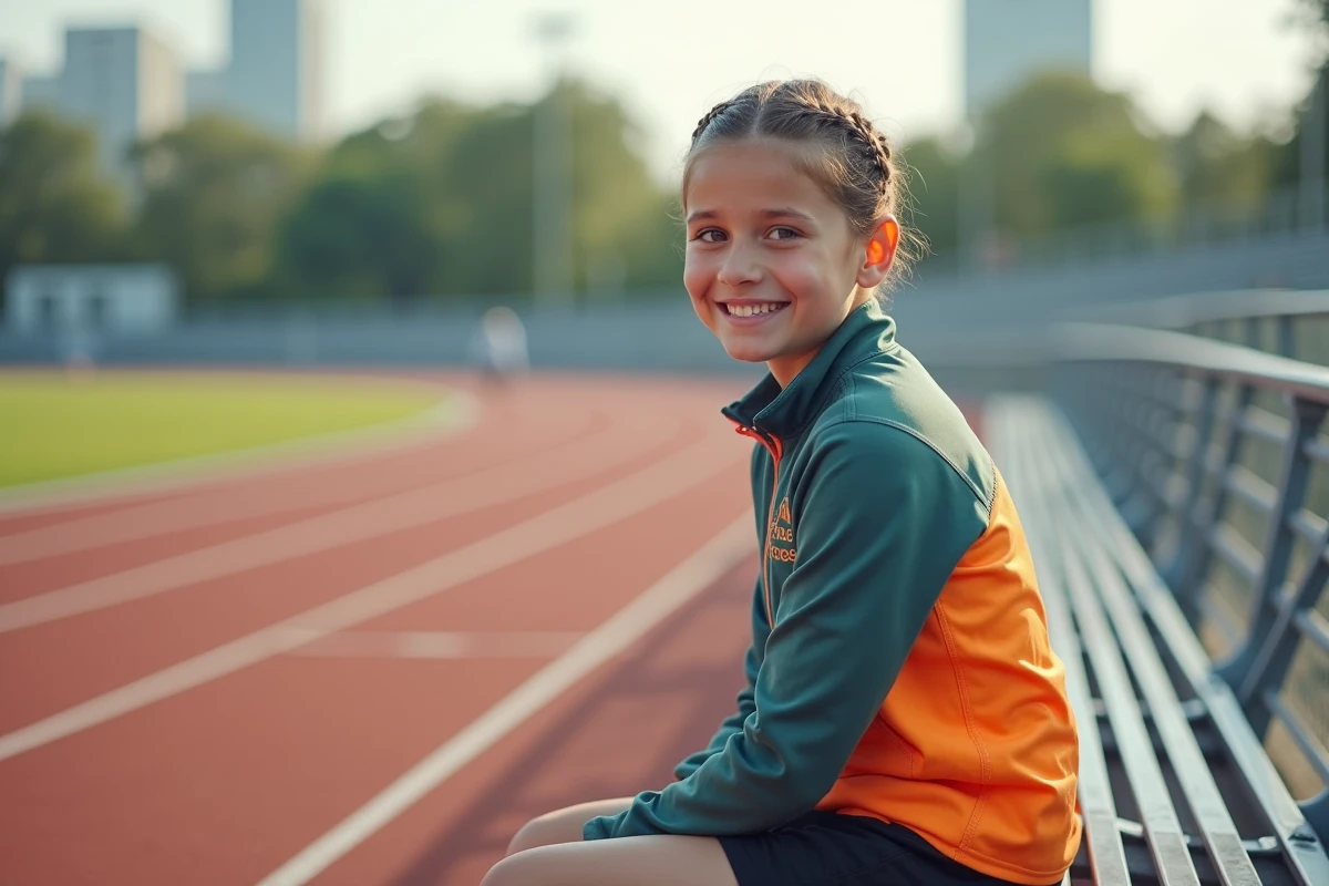Jeune fille avec coupe courte coiffant une tresse sur un banc d