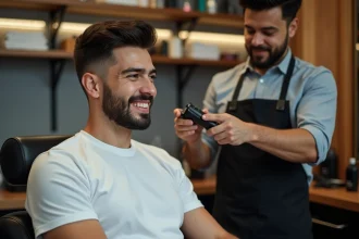 Jeune homme en barbershop regardant son reflet après une coupe
