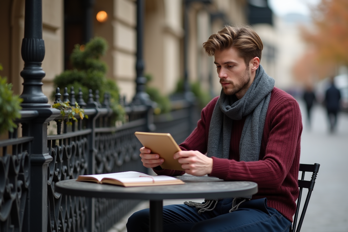 Jeune homme au café parisien avec pull bordeaux et écharpe