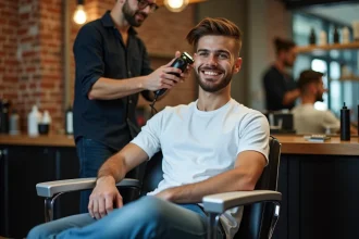 Jeune homme en coiffure tapered dans un barbershop moderne