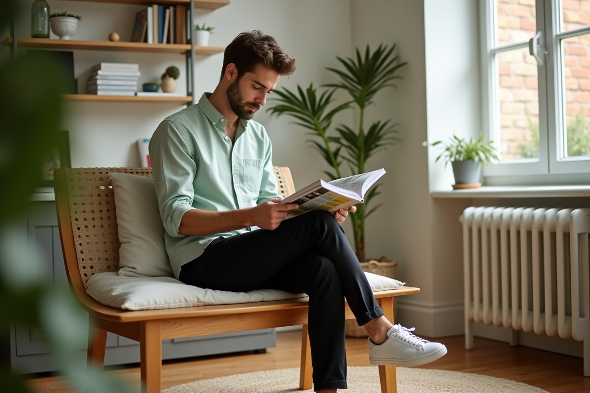 Jeune homme en pantalon noir dans un salon cosy lisant un magazine