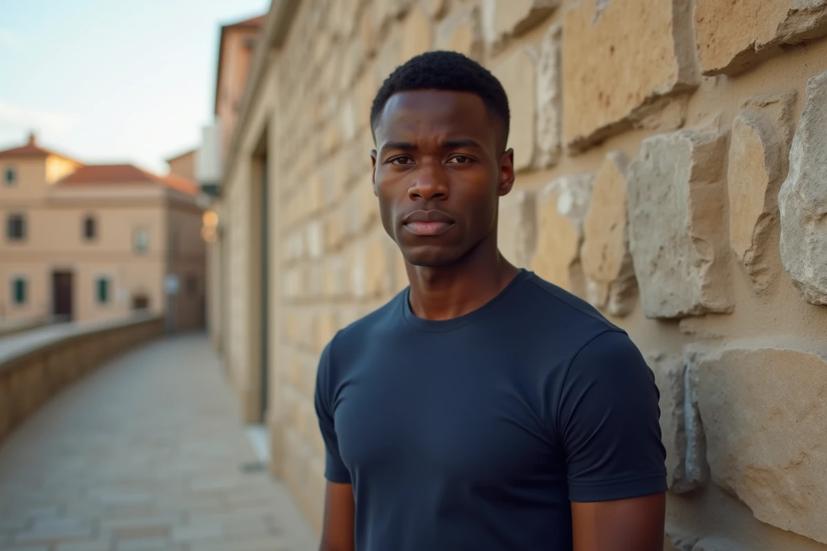 Portrait d'un jeune homme avec un nez aquilin devant un mur en pierre méditerranéen, illustrant le lien entre morphologie faciale et héritage culturel et ethnique