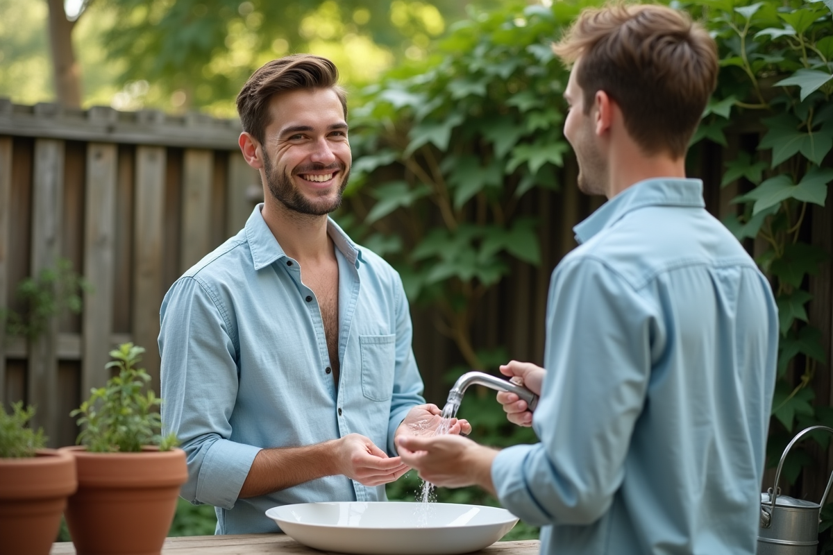 Jeune homme rinçant crème au concombre dans le jardin