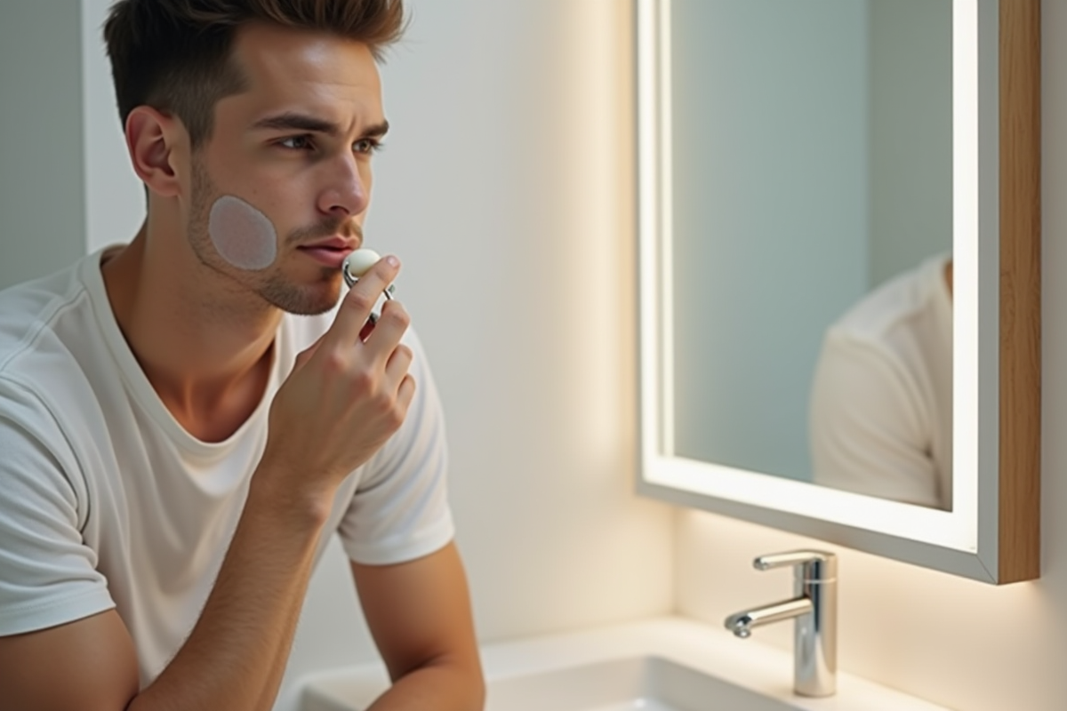 Jeune homme utilisant un roller facial sur la joue dans une salle de bain claire