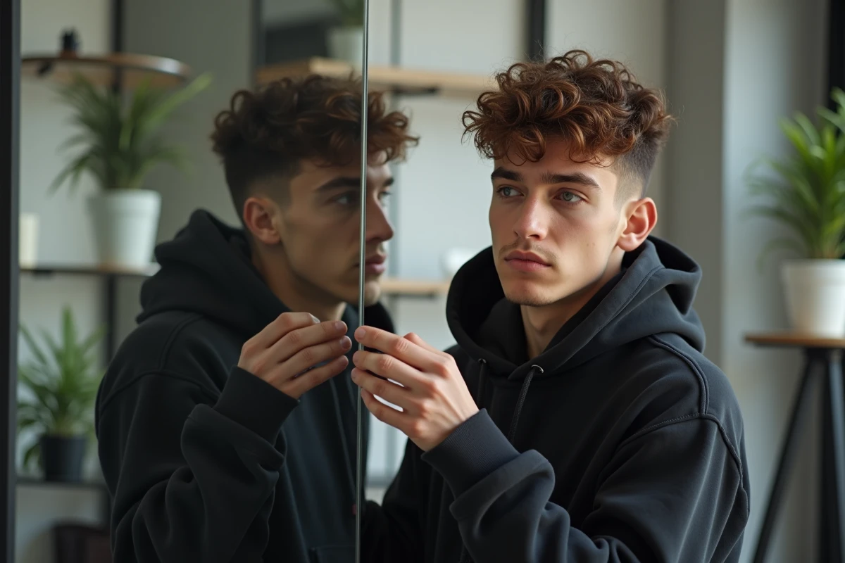 Jeune homme dans un salon v&eacute;rifiant sa coloration capillaire