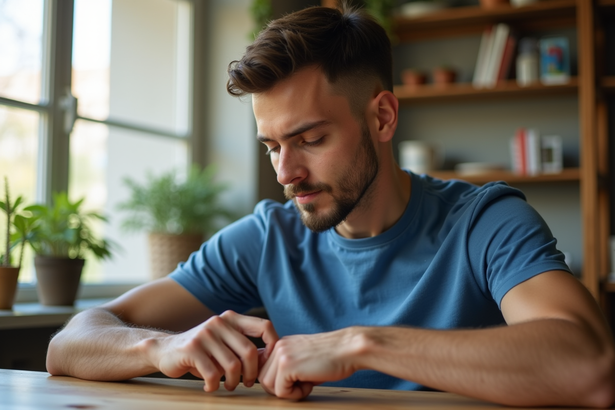 Jeune homme examinant une cicatrice sur son bras à la maison