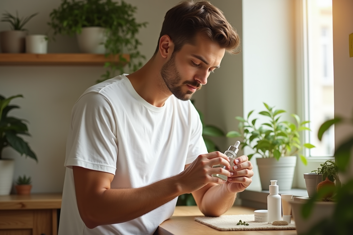 Jeune homme inspectant un serum facial dans un intérieur lumineux