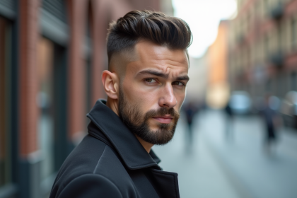 Jeune homme au style moderne avec coupe textured et barbe soignee
