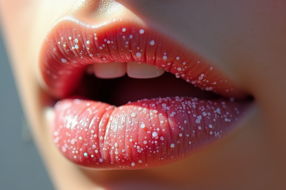Zoom sur des lèvres recouvertes de sucre coloré naturel