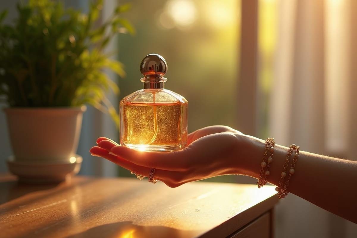 Main féminine tenant un flacon de parfum avec lumière douce et ambiance lumineuse
