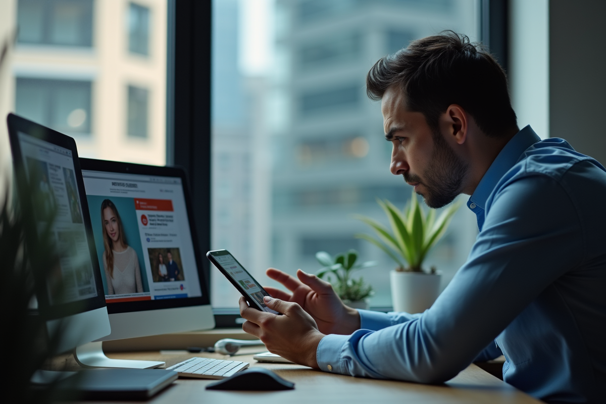 Responsable marketing regardant des smartphones avec scandales