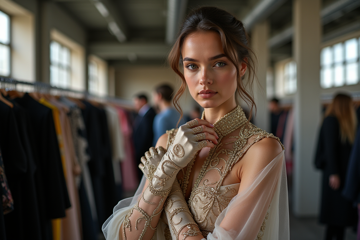 Mannequin en robe de haute couture en coulisses