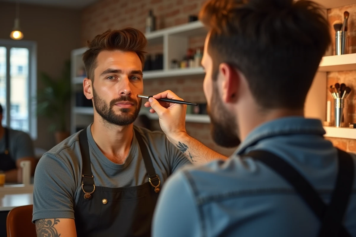 Application de maquillage couvrant sur un tatouage au cou dans un studio beauté du Marais à Paris