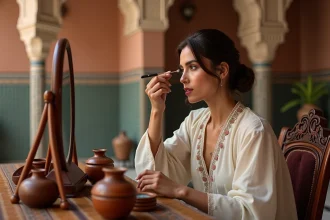 Femme marocaine appliquant du khôl traditionnel dans un riad authentique entouré de cosmétiques naturels marocains
