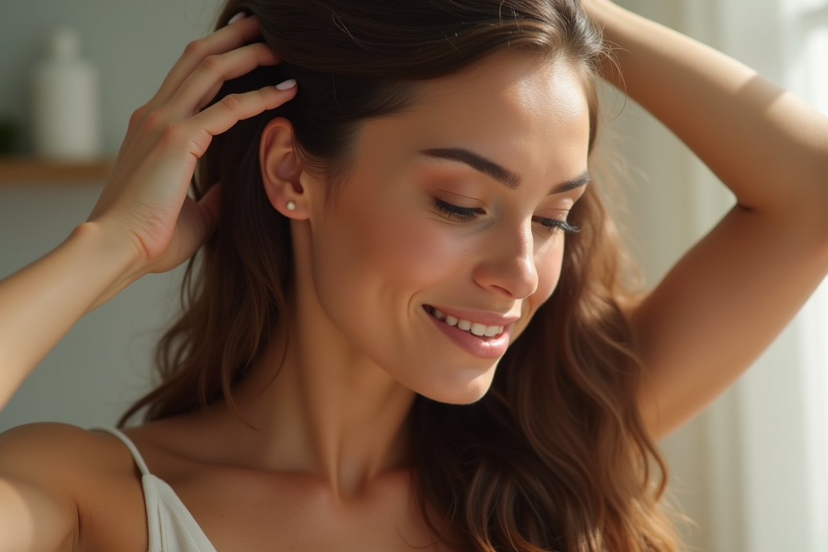Femme massant doucement ses cheveux avec de l'huile d'olive