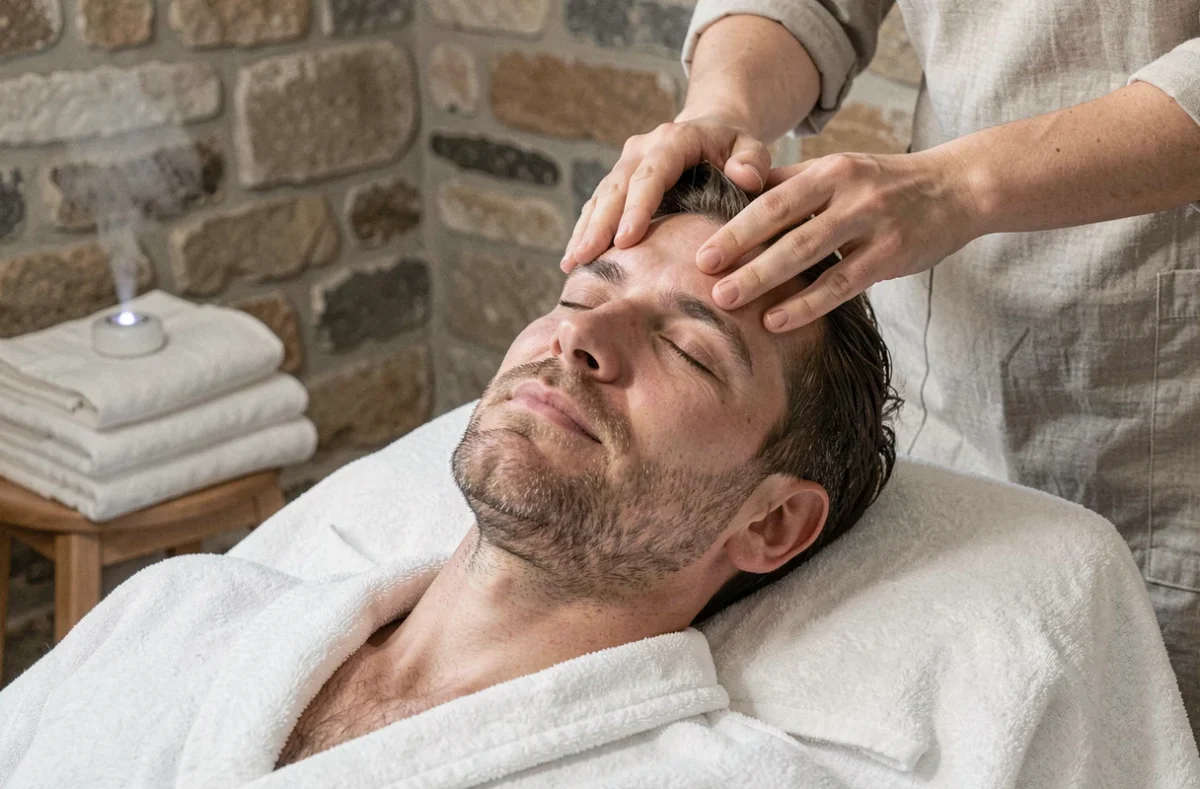 Homme recevant un massage relaxant du visage et du cuir chevelu dans un institut de bien-être à Toulouse