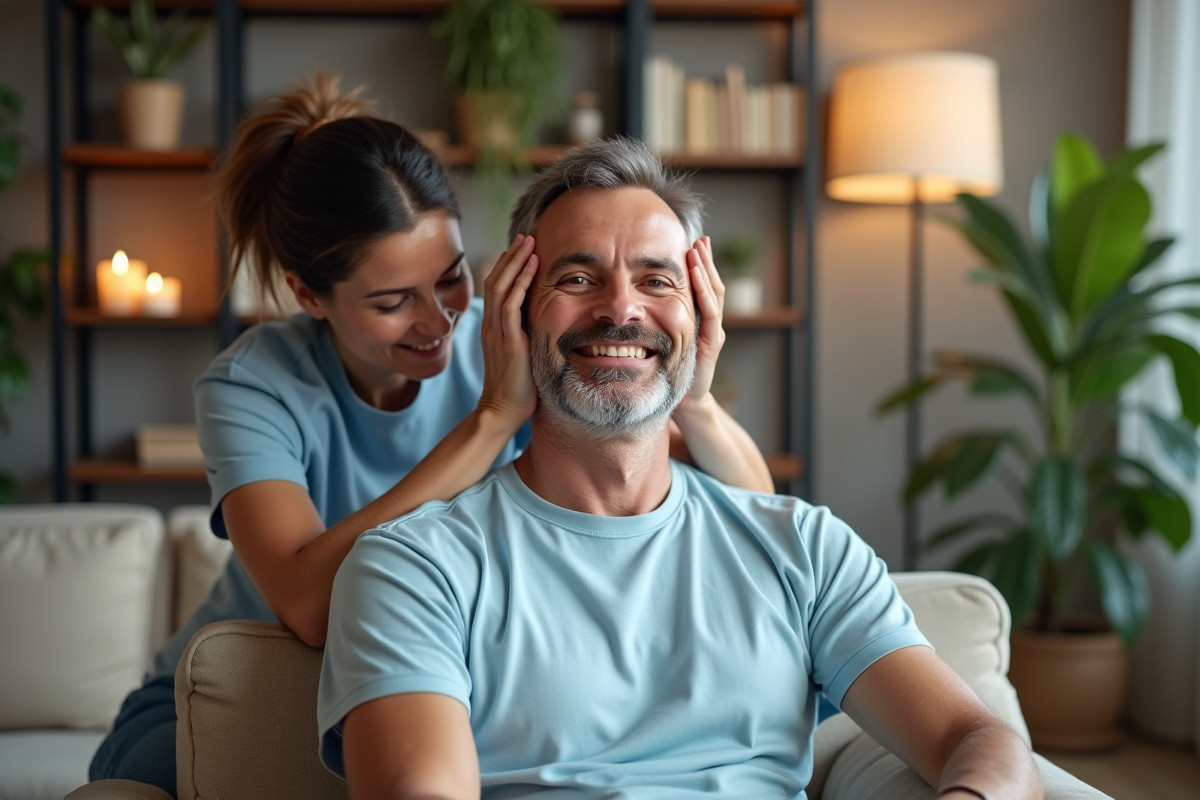 Homme souriant recevant un massage des tempes à la maison