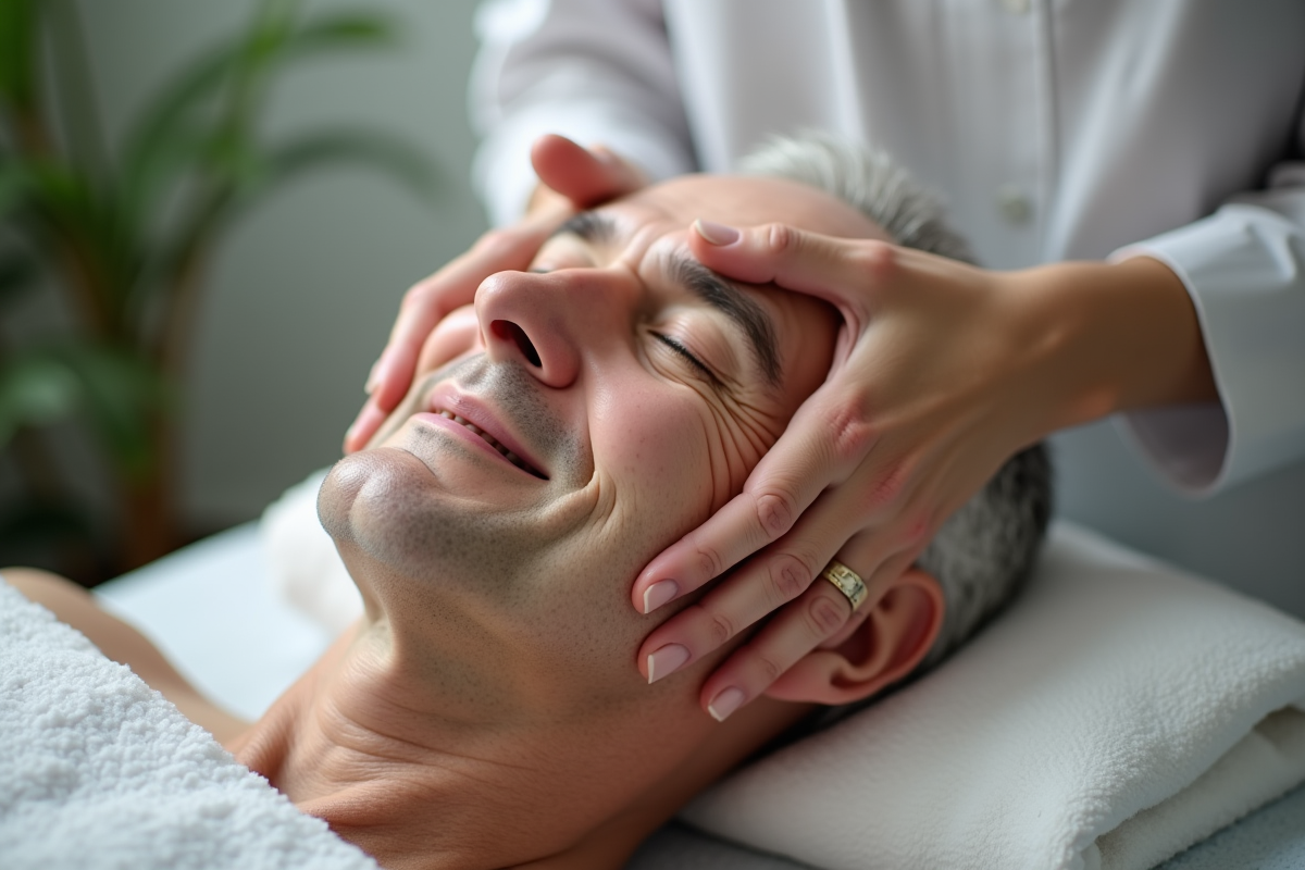 Mains effectuant un massage facial sur un homme âgé souriant