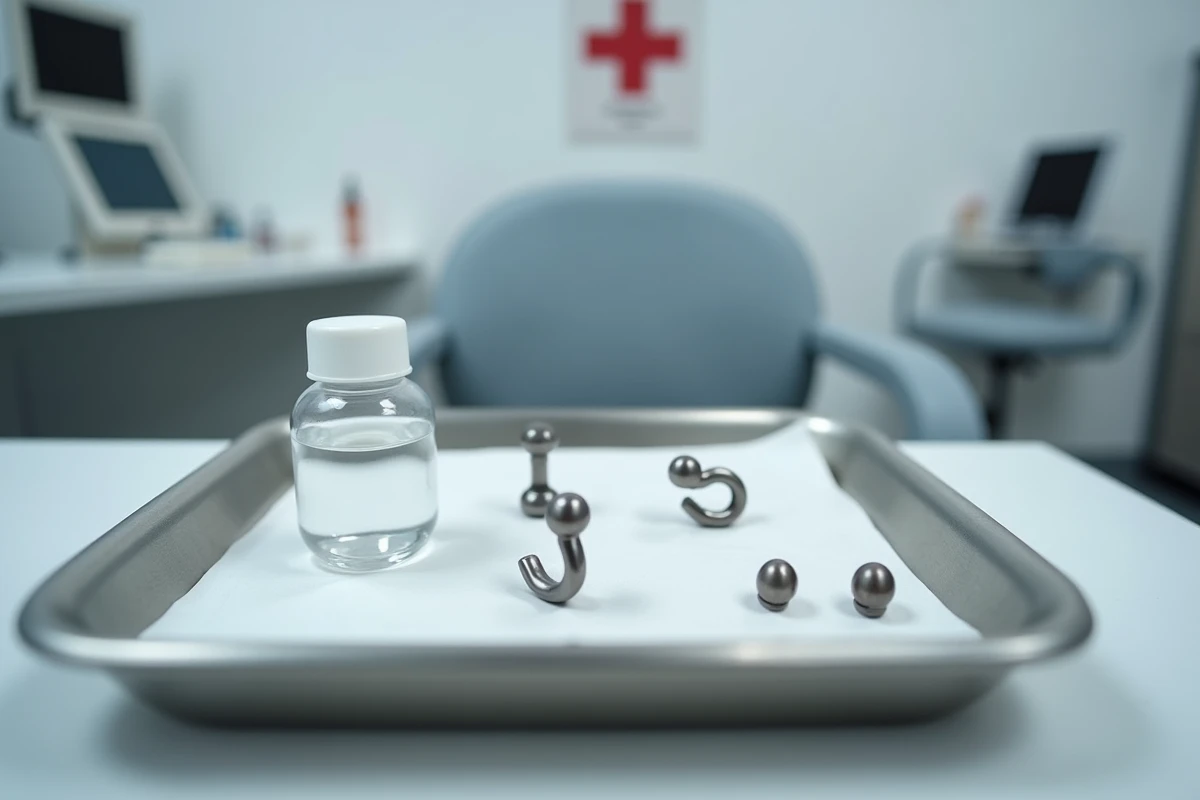 Plateau stérile dans un studio de piercing professionnel avec solution antiseptique et bijoux en titane pour soins de piercing nez