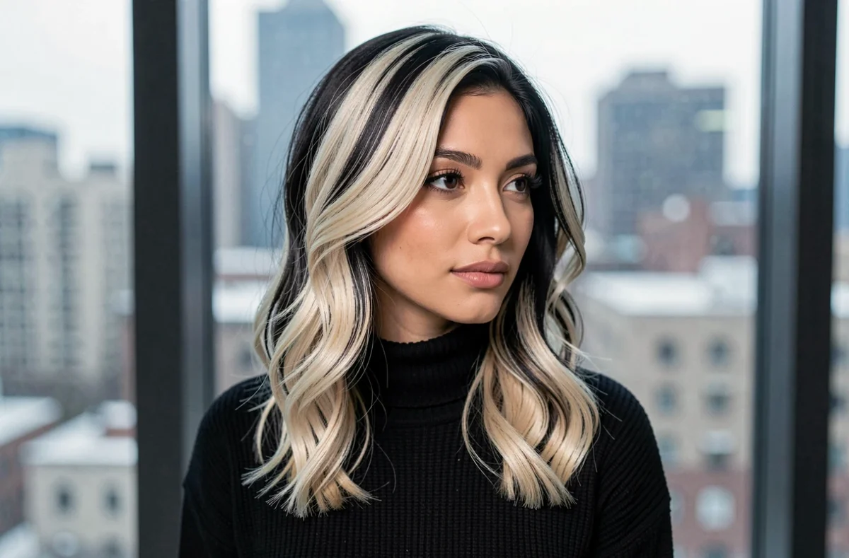 Femme avec des mèches blondes contrastées sur cheveux noirs, effet coiffure moderne et audacieux