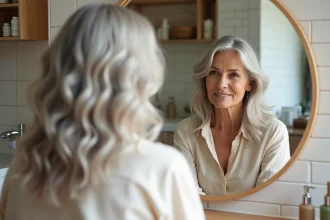 Femme aux cheveux gris-blancs avec des mèches blondes et cendres pour camoufler les repousses naturellement