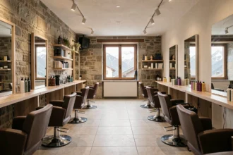 Vue intérieure d'un salon de coiffure moderne en Haute-Savoie avec plusieurs postes de coiffage et une ambiance chaleureuse