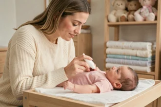 Mère appliquant la crème hydratante Biolane sur le bras de son nourrisson dans une chambre de bébé cosy