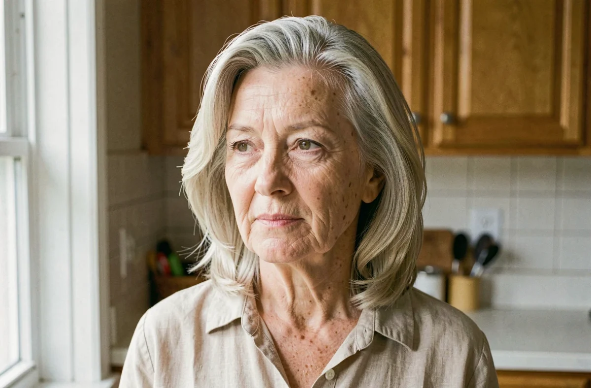 Femme de 70 ans avec une mise en plis trop rigide et laquée qui accentue la sévérité des traits du visage, photographiée dans une cuisine à domicile