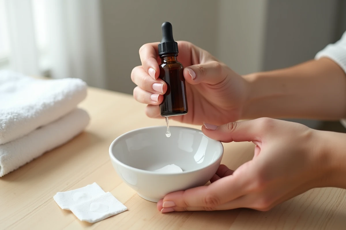 Gros plan sur des mains tenant un flacon de solution saline et des cotons pour nettoyer un piercing nez à domicile