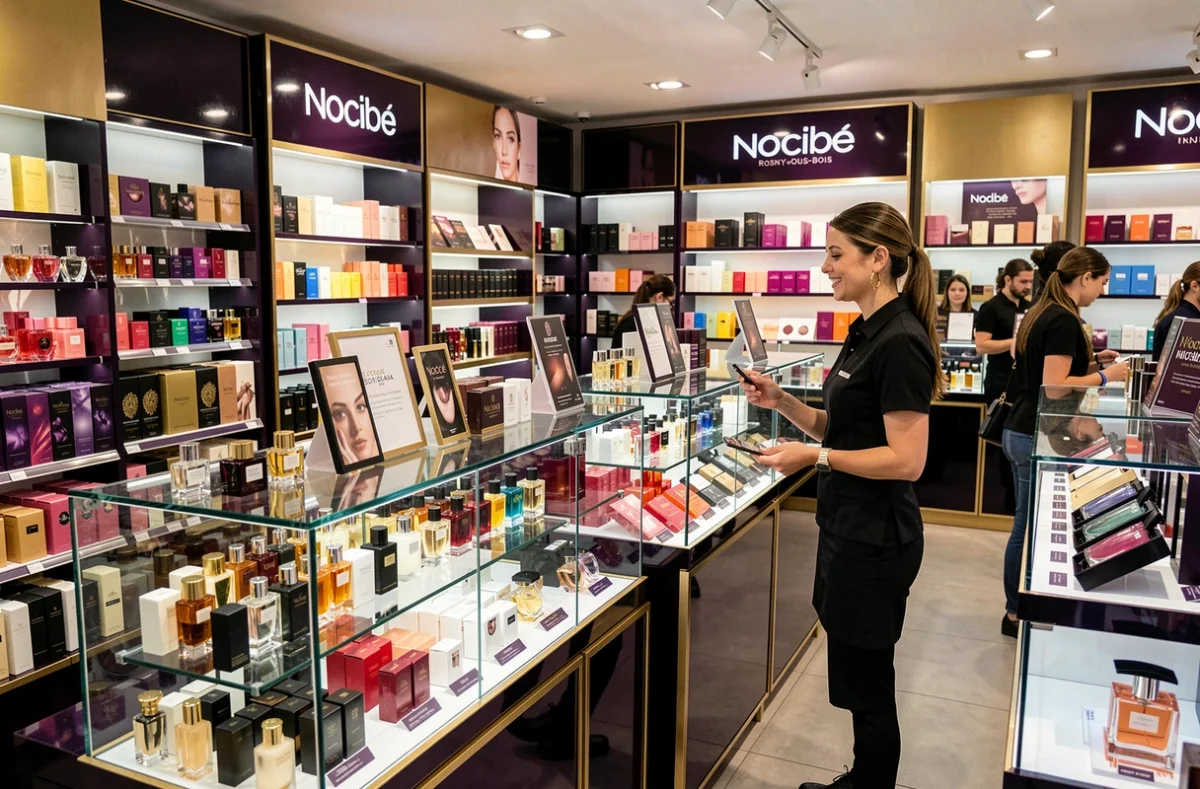 Conseillère beauté Nocibé aidant une cliente au rayon parfumerie du magasin de Rosny-sous-Bois