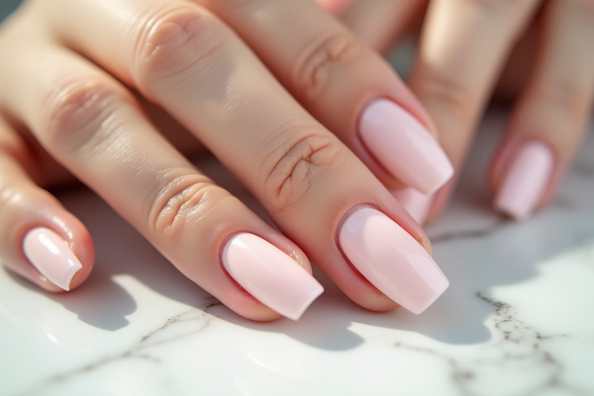 Zoom sur des mains élégantes avec ongles pastel brillants