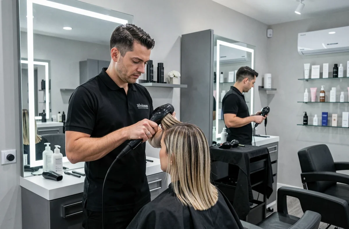 Coiffeur du salon Pascal Coste à Annemasse séchant les cheveux d'une cliente dans un salon aux finitions épurées et professionnelles