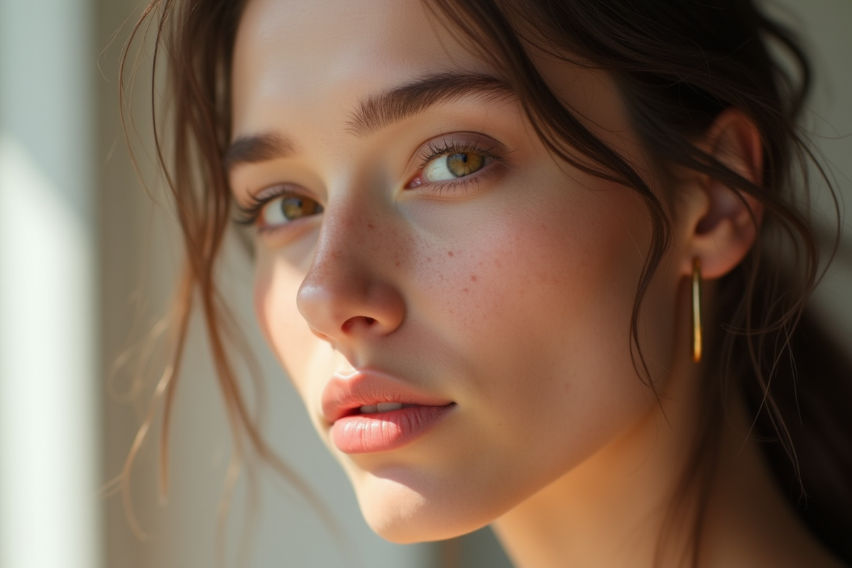 Jeune femme visage naturel pores visibles peau texture