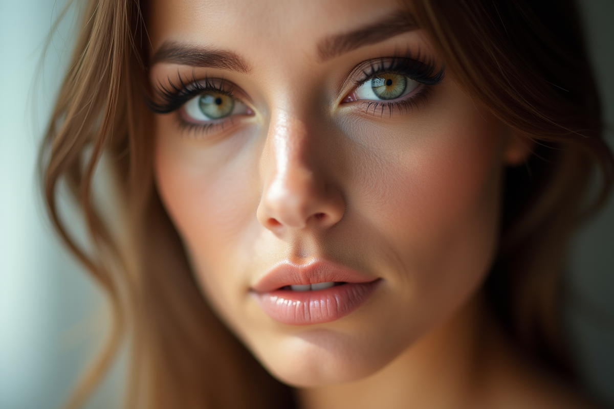 Femme aux yeux maquillés avec regard intense et peau parfaite