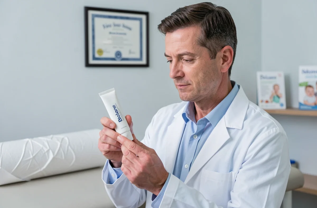 Pédiatre en consultation tenant le tube de crème Biolane lors d'un avis médical professionnel