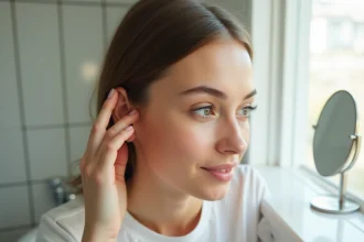 Jeune femme touchant son piercing cartilage en haut de l'oreille avec un stud argenté, gros plan naturel et réaliste