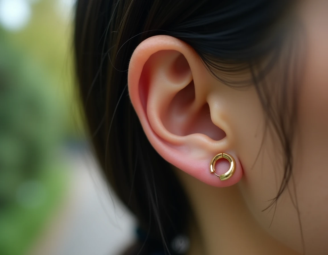 Gros plan sur un piercing hélix en or en cours de cicatrisation sur une oreille à peau mate, détail réaliste du cartilage