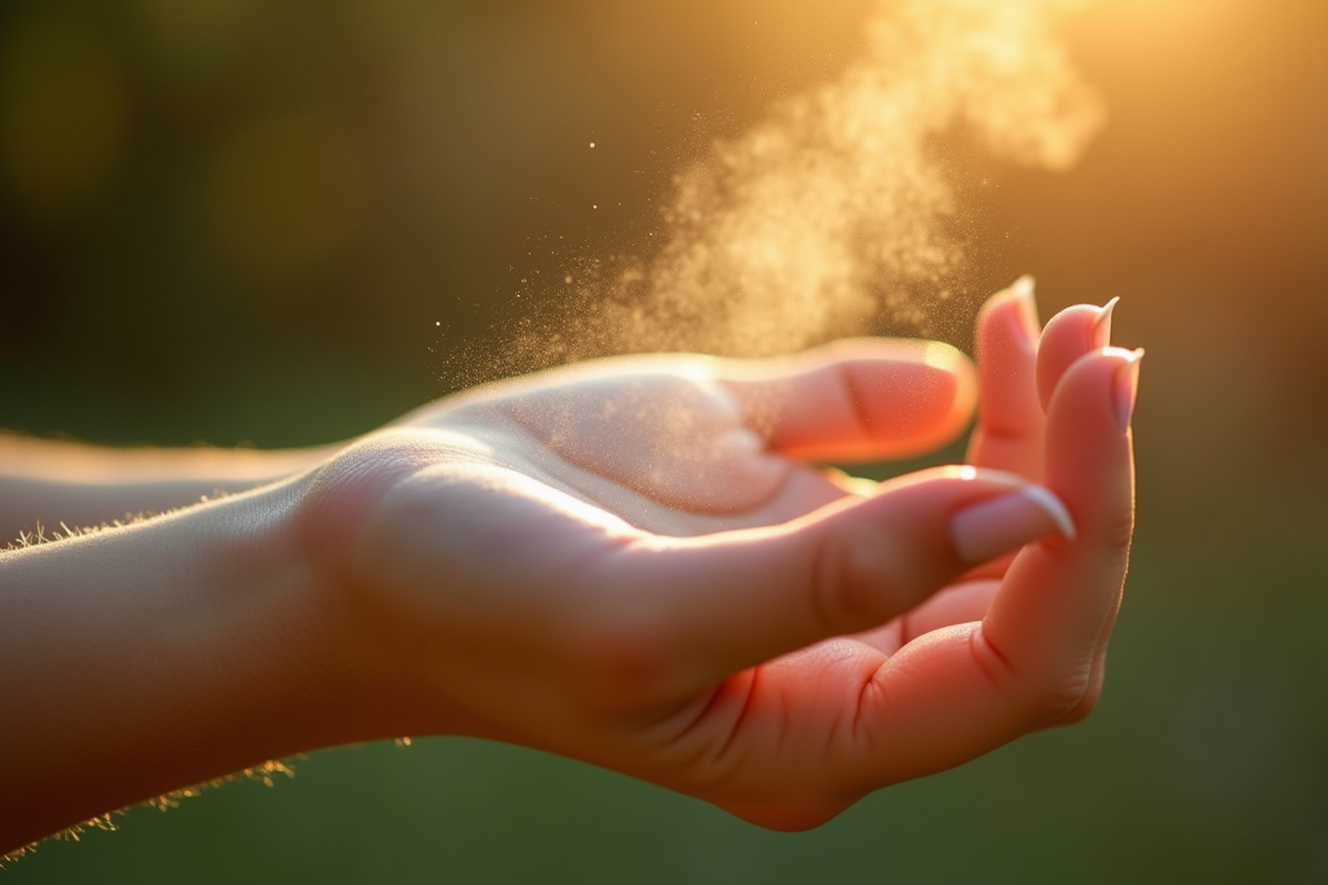 Poignet de femme avec parfum en spray et éclats de lumière